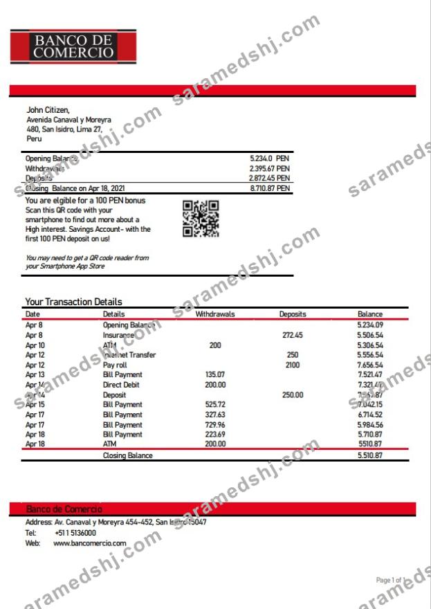 Peru Banco de Comercio bank statement
